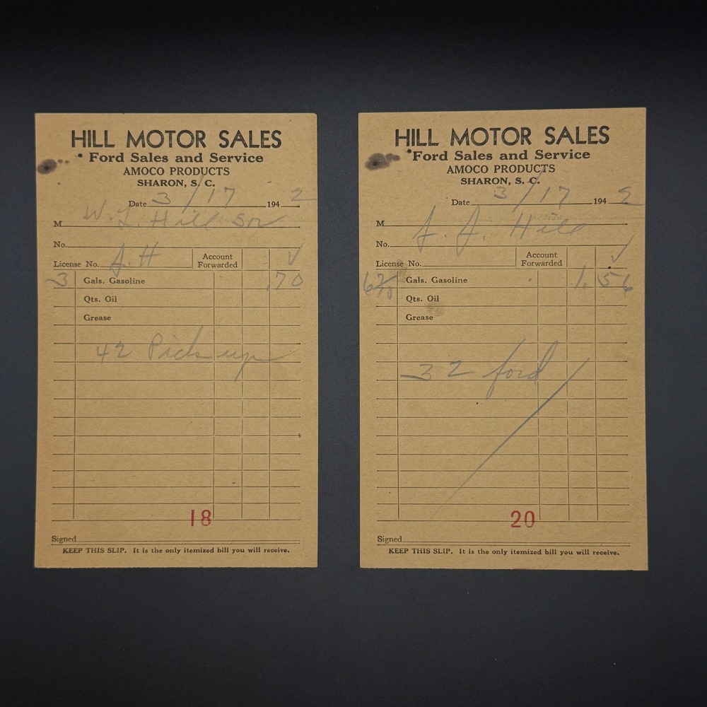 Vintage‎ 1942 Hill Motor Sales Ford Amoco Gas Receipts SC 32 Ford 42 Pickup